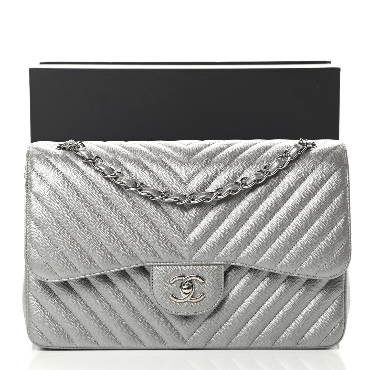 Metallic Caviar Chevron Quilted Jumbo Double Flap Silver