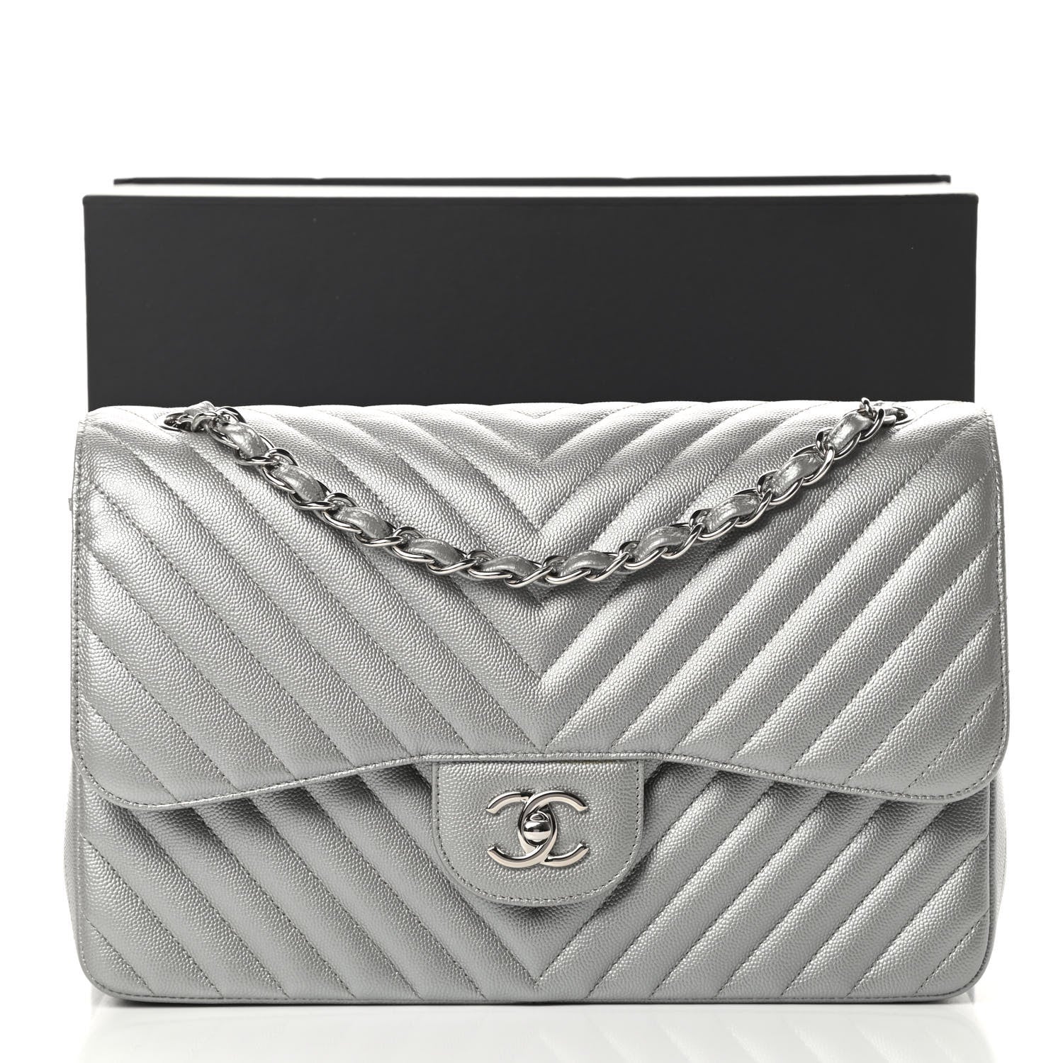 Chanel Metallic Caviar Chevron Quilted Jumbo Double Flap Silver 12 of 12