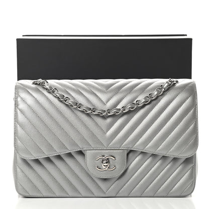 Chanel Metallic Caviar Chevron Quilted Jumbo Double Flap Silver 12 of 12