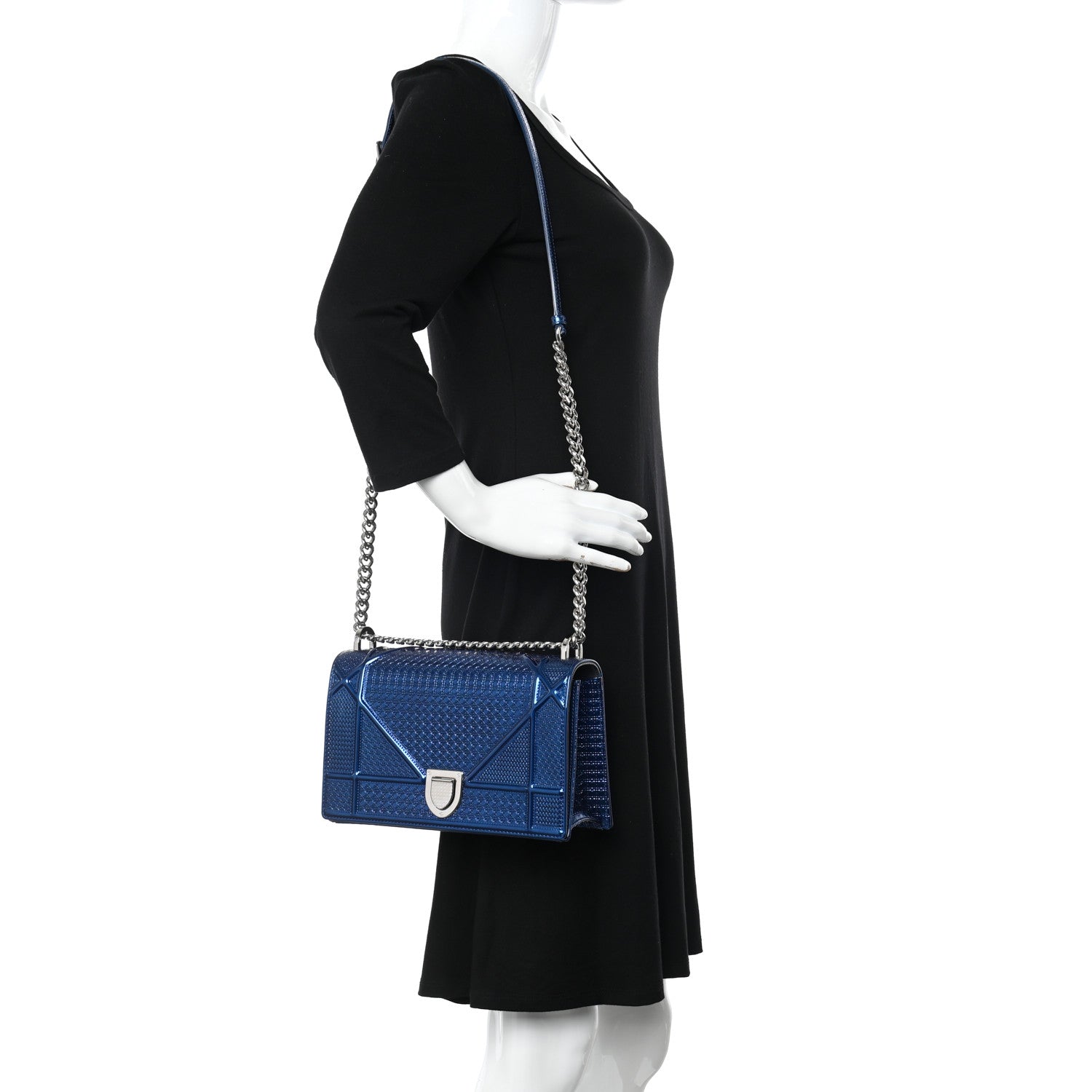 Christian Dior Metallic Patent Micro-Cannage Medium Diorama Flap Bag Blue 2 of 11