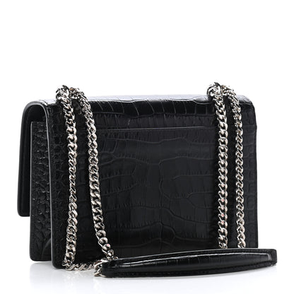 Saint Laurent Calfskin Crocodile Embossed Monogram Sunset Chain Wallet Black 3 of 10