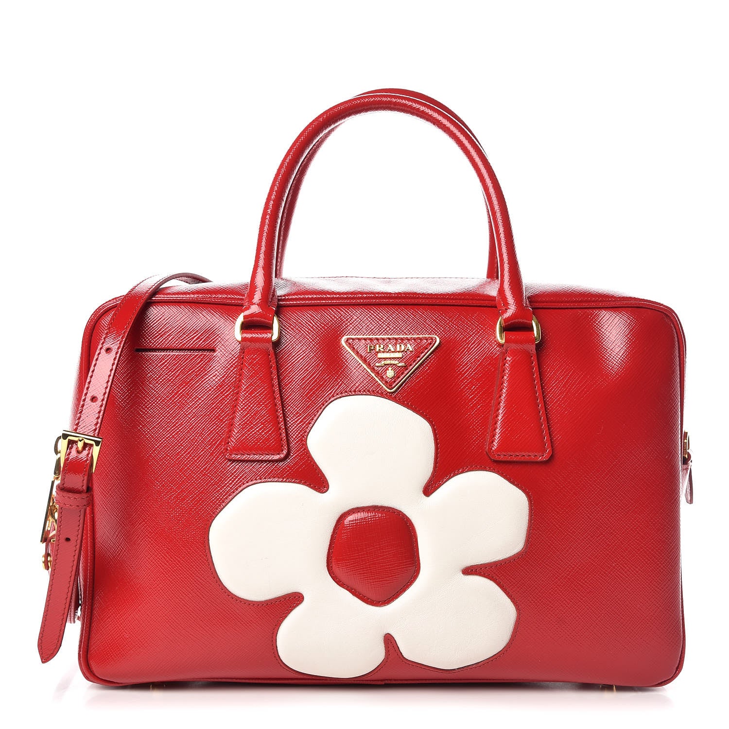 Prada Saffiano Vernice Floral Bauletto Bag Rosso Bianco 1 of 13