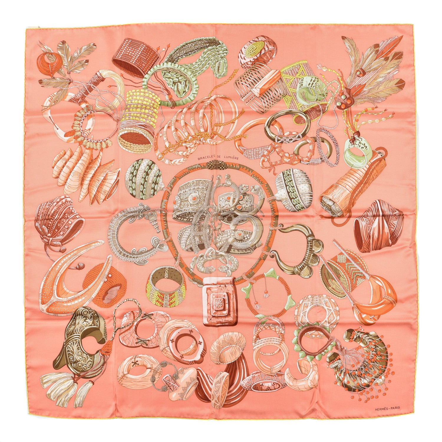 Hermes Silk Bracelets de Lumiere Scarf 90 Saumon Vert Corail 1 of 4