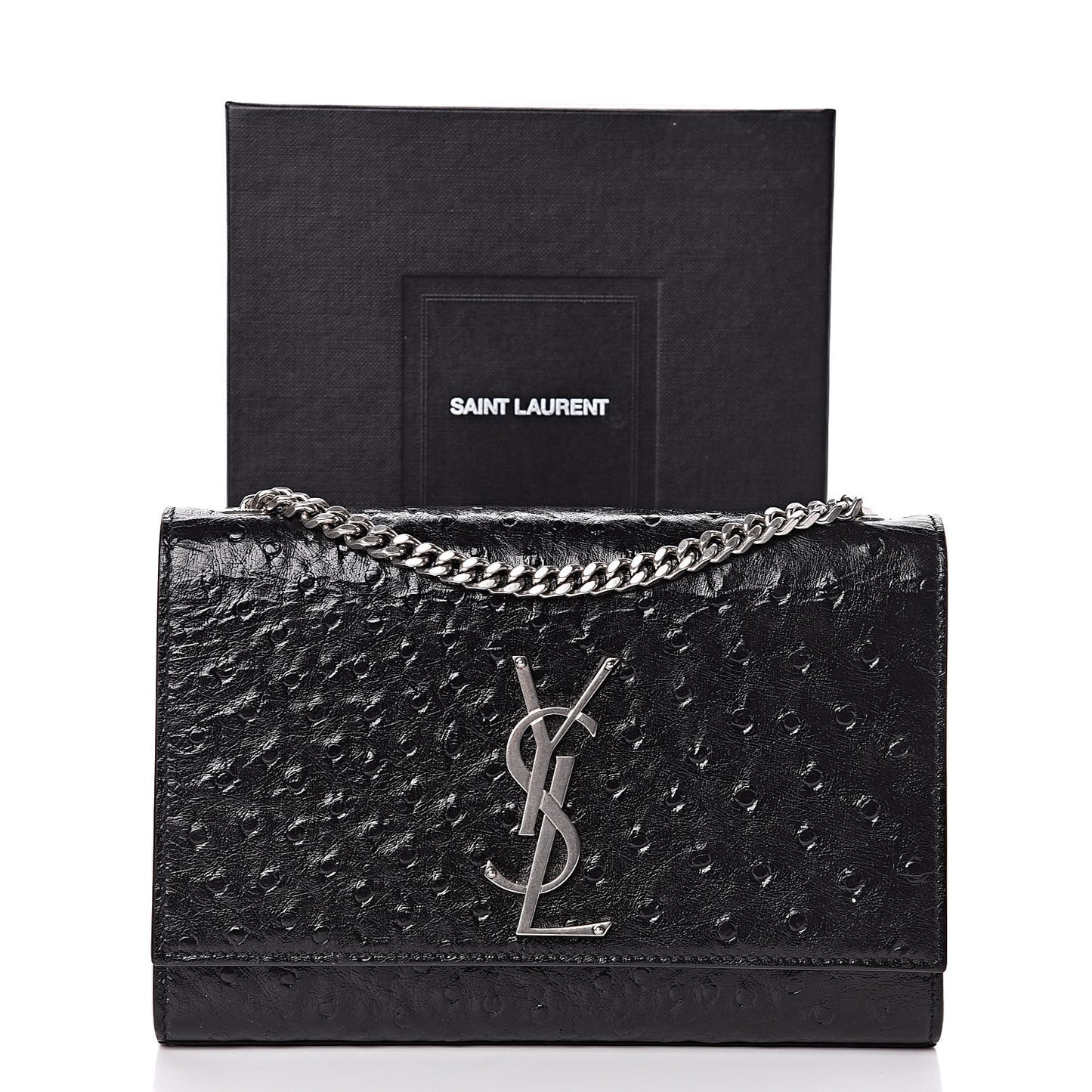 Ostrich Calfskin Embossed Small Monogram Kate Satchel Black