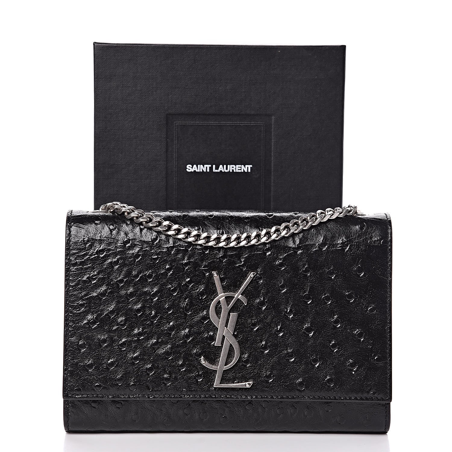 Saint Laurent Ostrich Calfskin Embossed Small Monogram Kate Satchel Black 14 of 14