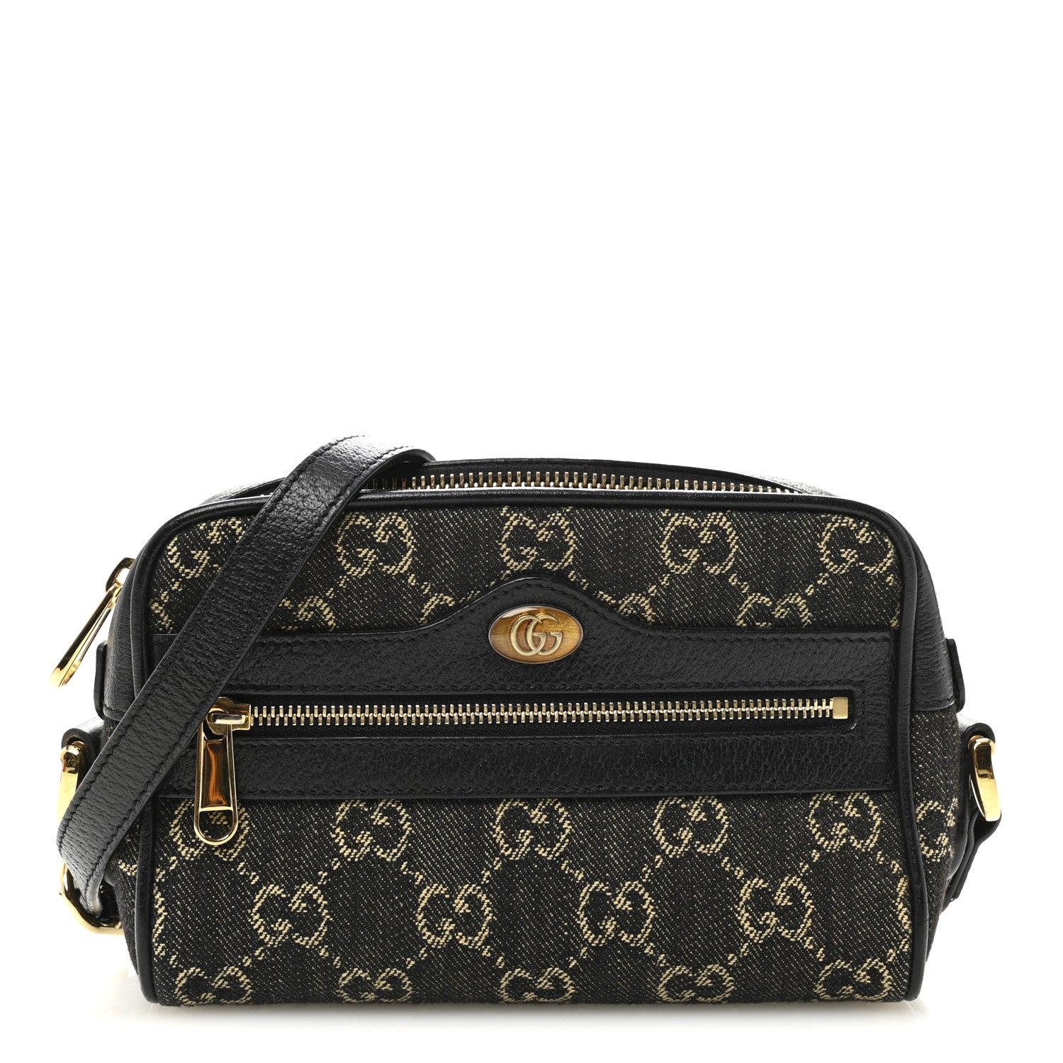Gucci Jacquard Black Denim GG Monogram Textured Dollar Calfskin Mini Ophidia Shoulder Bag Black Ivory 1 of 10