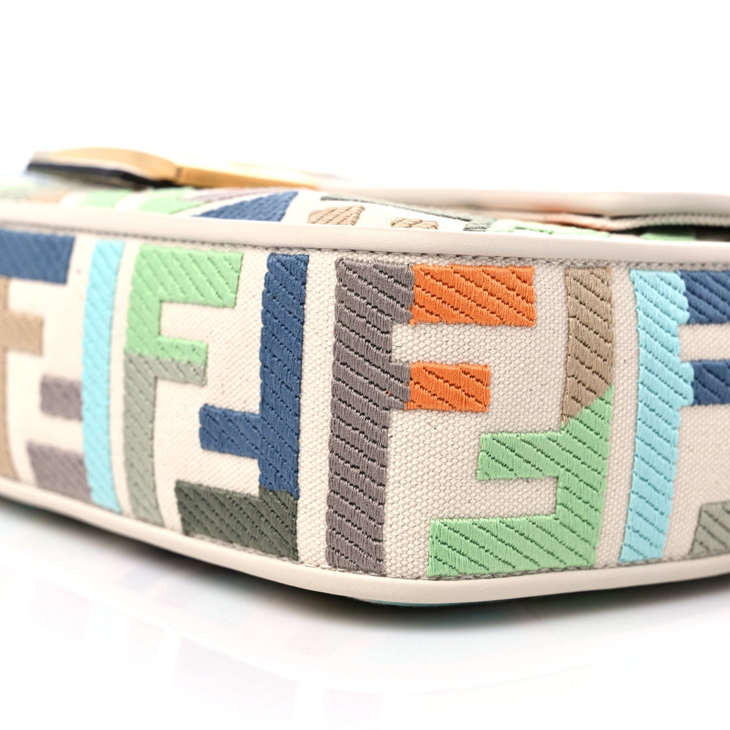 Canvas Vitello Seta FF Multicolor Embroidered Baguette Grezzo Multicolor Latte