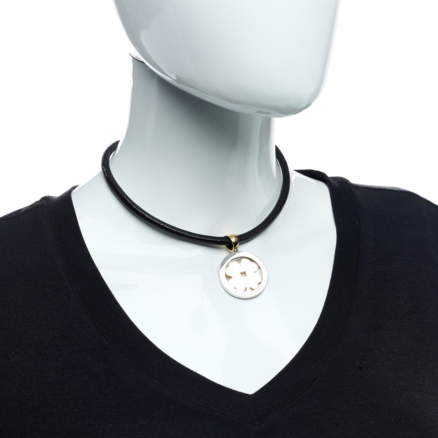 18K Yellow Gold Stainless Steel Calfskin Tondo Clover Pendant Necklace Black