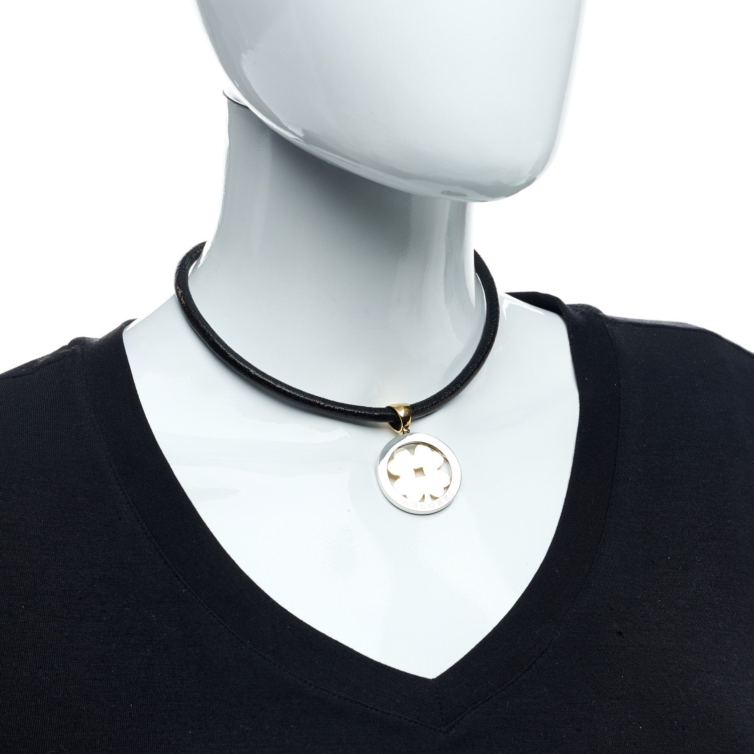Bulgari 18K Yellow Gold Stainless Steel Calfskin Tondo Clover Pendant Necklace Black 5 of 5