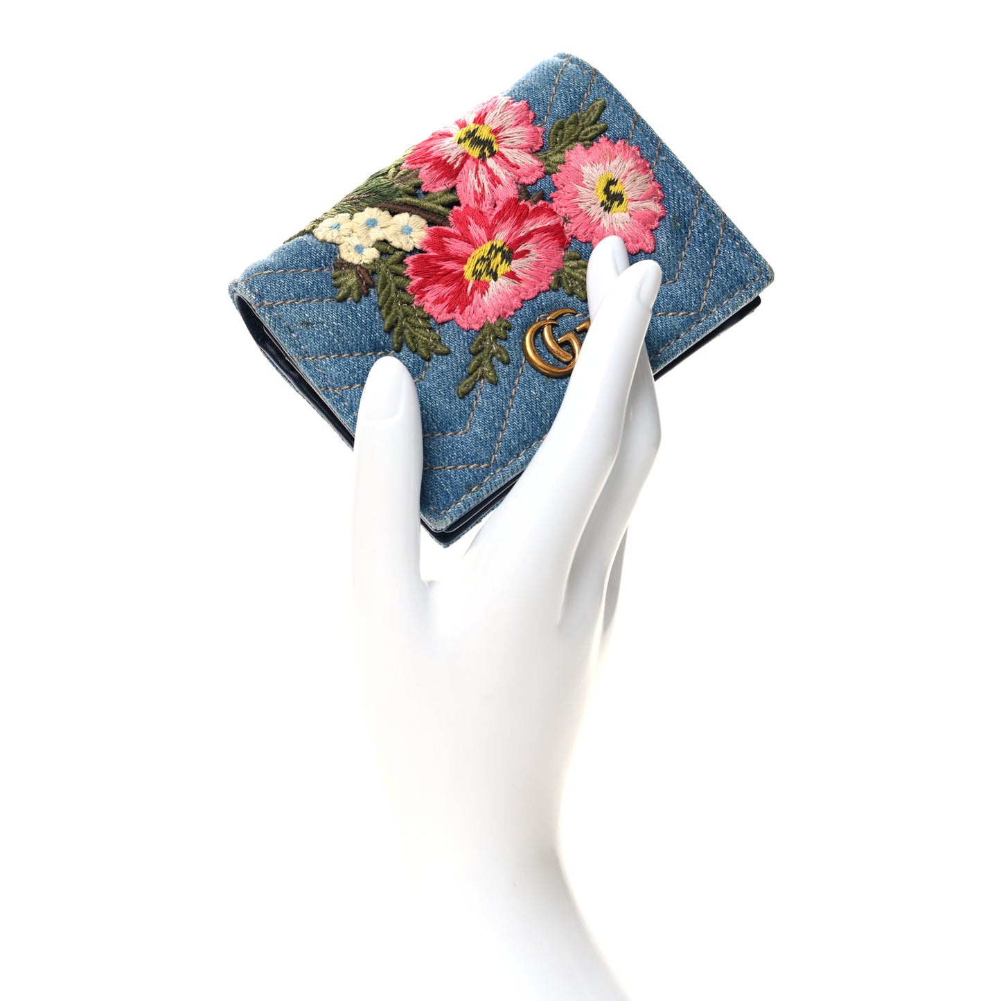 Denim Matelasse Floral Embroidered GG Marmont Card Case Wallet Blue
