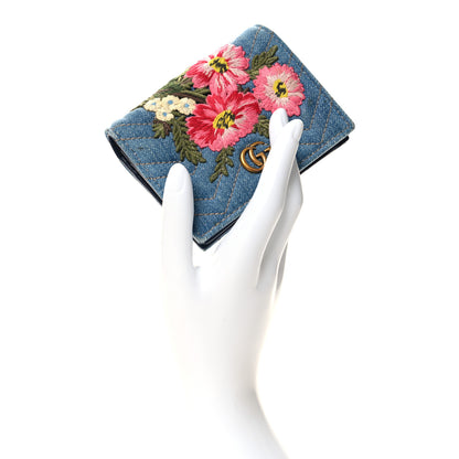Gucci Denim Matelasse Floral Embroidered GG Marmont Card Case Wallet Blue 2 of 10