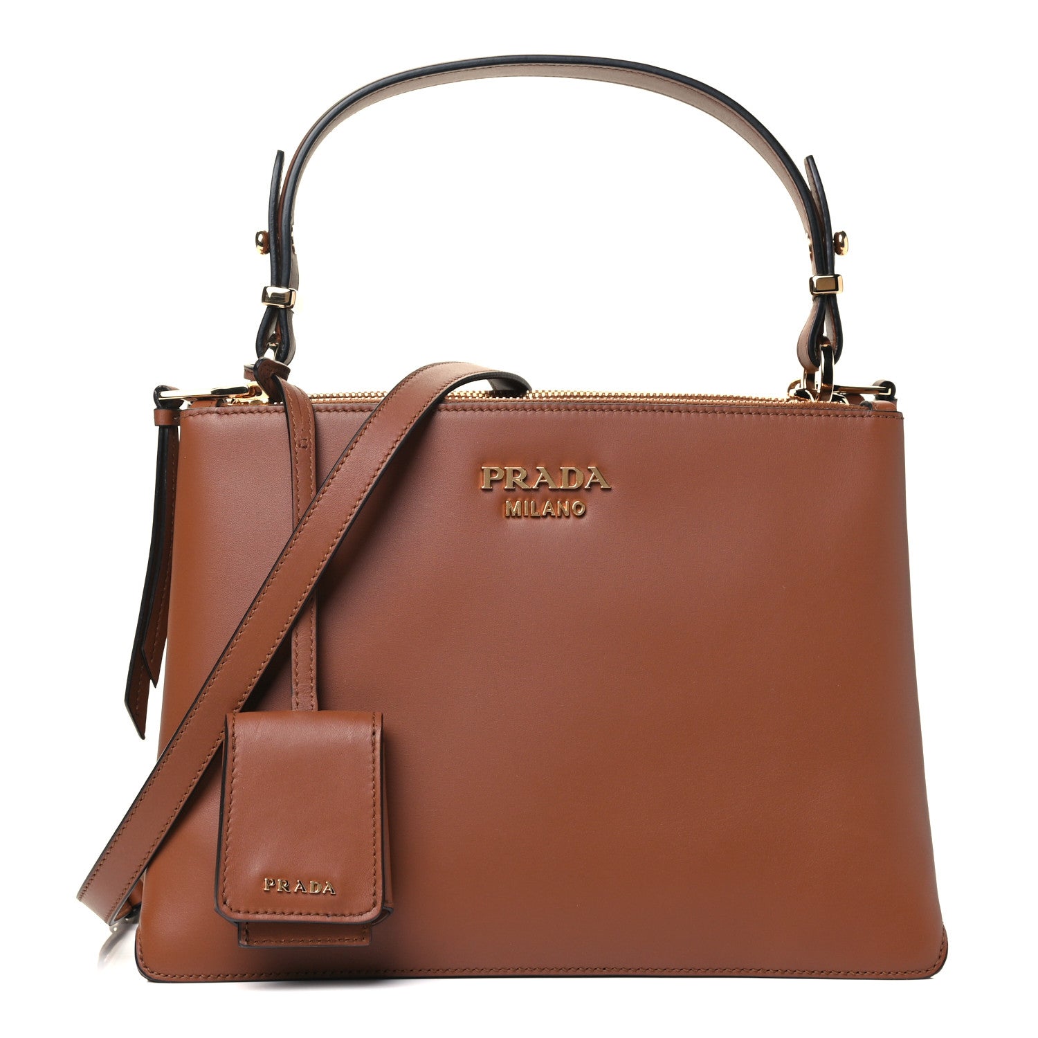 Prada New Calfskin Small Deux Shoulder Bag Cognac 1 of 4