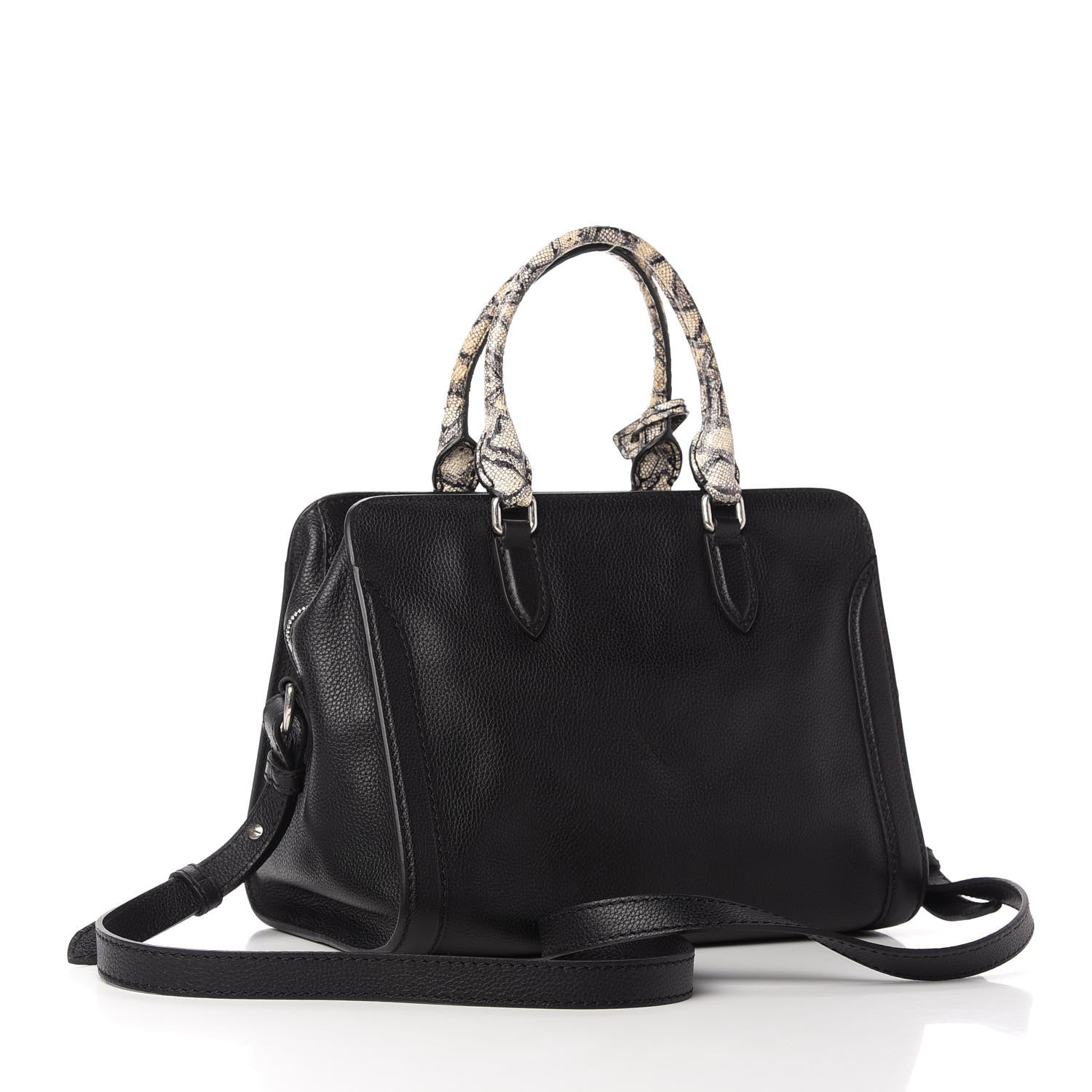 Alexander McQueen Pebbled Calfskin Snakeskin Small Skull Padlock Zip Around Tote Black 3 of 10
