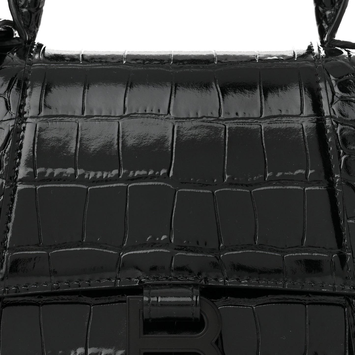 Shiny Calfskin Monochrome Crocodile Embossed Small Hourglass Top Handle Bag Black