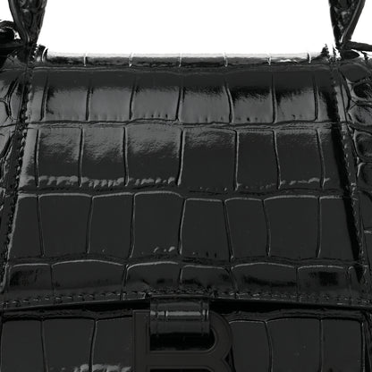 Balenciaga Shiny Calfskin Monochrome Crocodile Embossed Small Hourglass Top Handle Bag Black 8 of 11