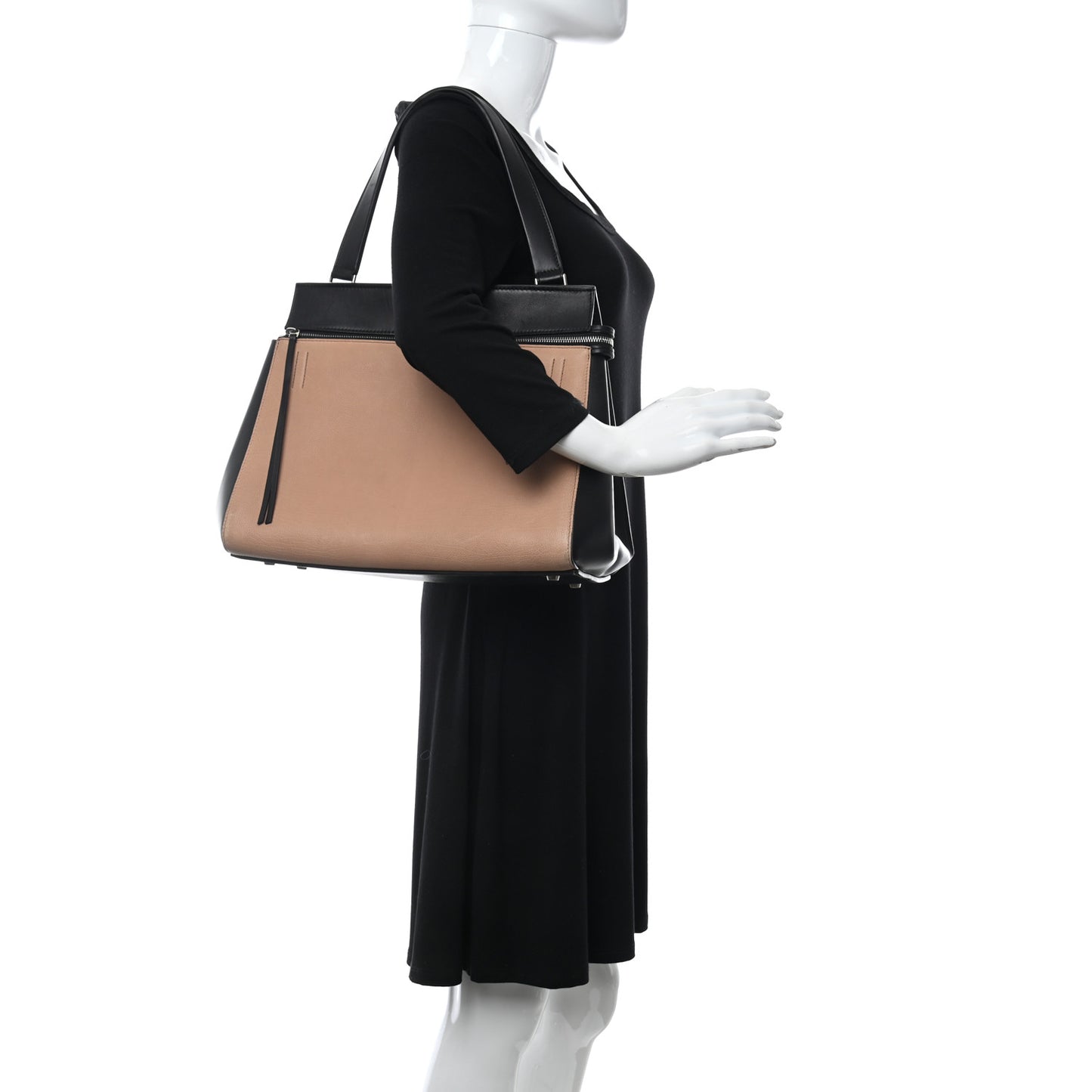Supple Calfskin Large Bi-Color Edge Shoulder Bag Beige