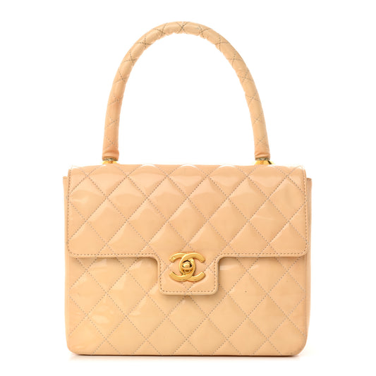 Patent Quilted Top Handle Single Flap Light Beige