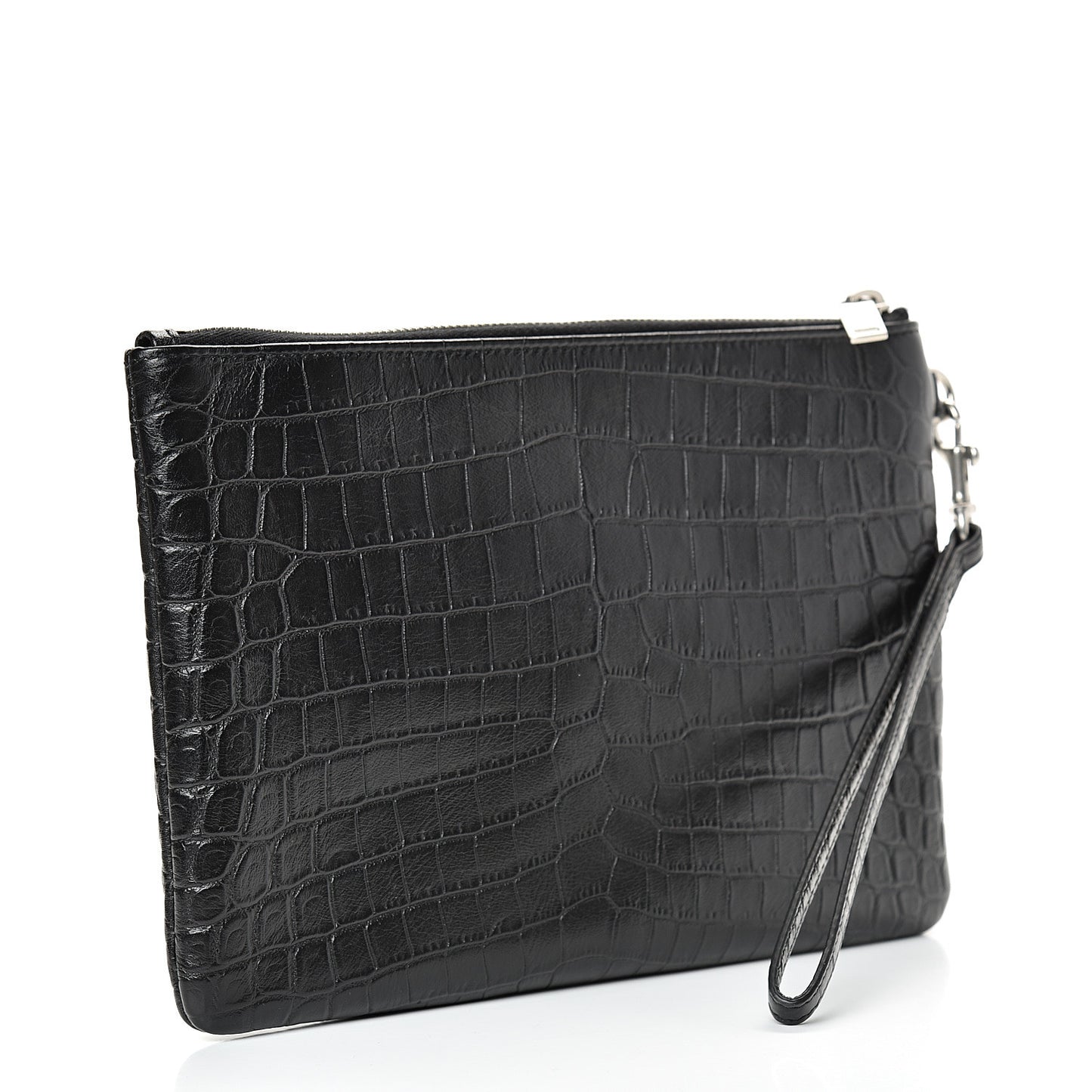 Calfskin Crocodile Embossed Monogram Zip Pouch Black