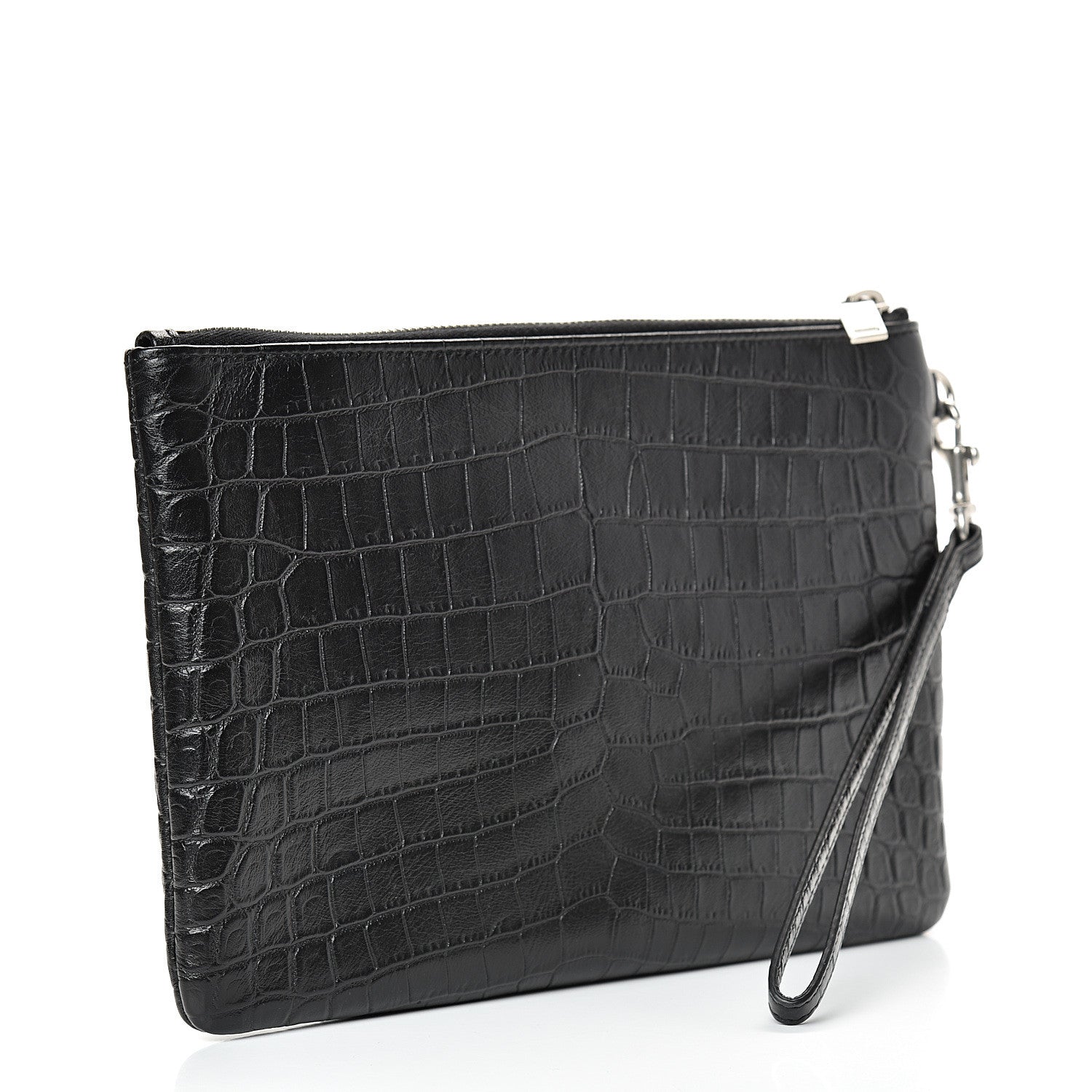Saint Laurent Calfskin Crocodile Embossed Monogram Zip Pouch Black 2 of 7