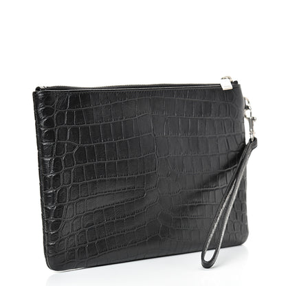 Saint Laurent Calfskin Crocodile Embossed Monogram Zip Pouch Black 2 of 7