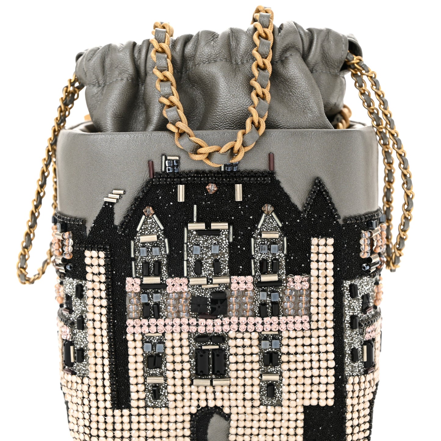Metallic Lambskin Crystal Metiers D'Art Chateau de Chenonceau Bucket Bag Grey