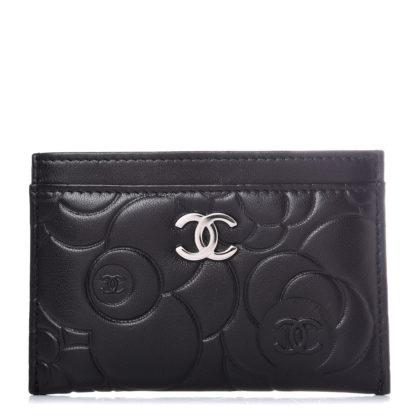 Lambskin Camellia Embossed Card Holder Black