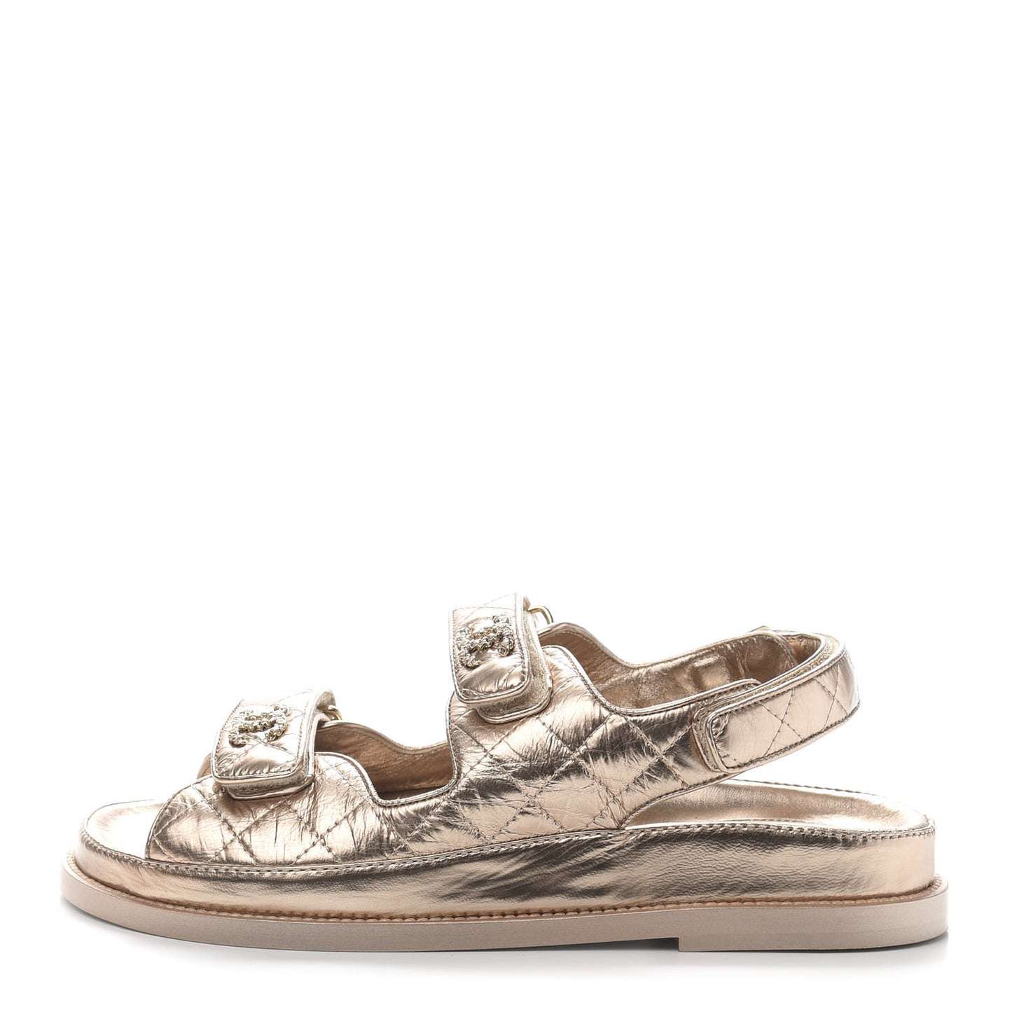 Iridescent Lambskin Quilted Velcro Dad Sandals 38 Light Bronze