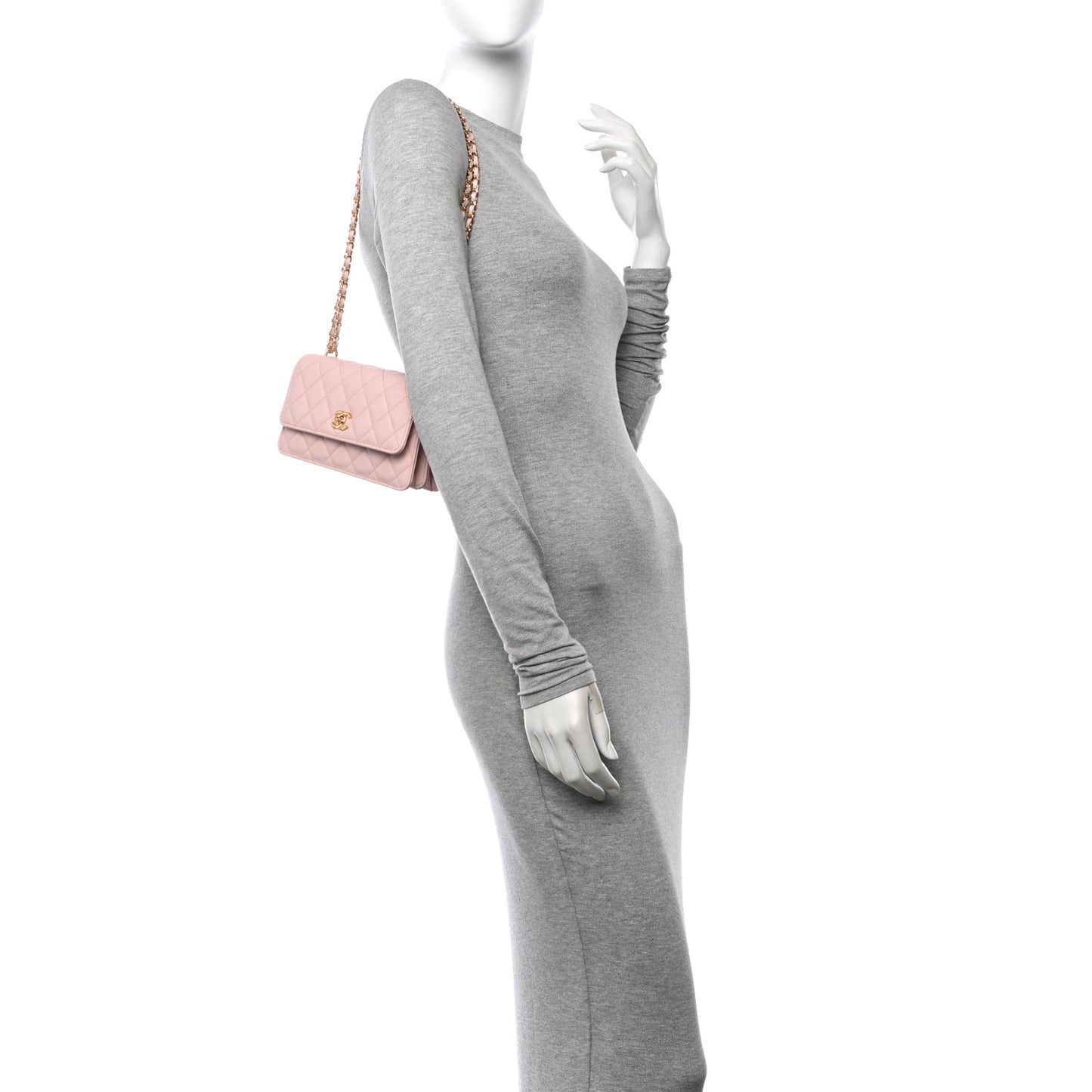 Shiny Caviar Quilted Flap Charm Wallet On Chain WOC Light Pink