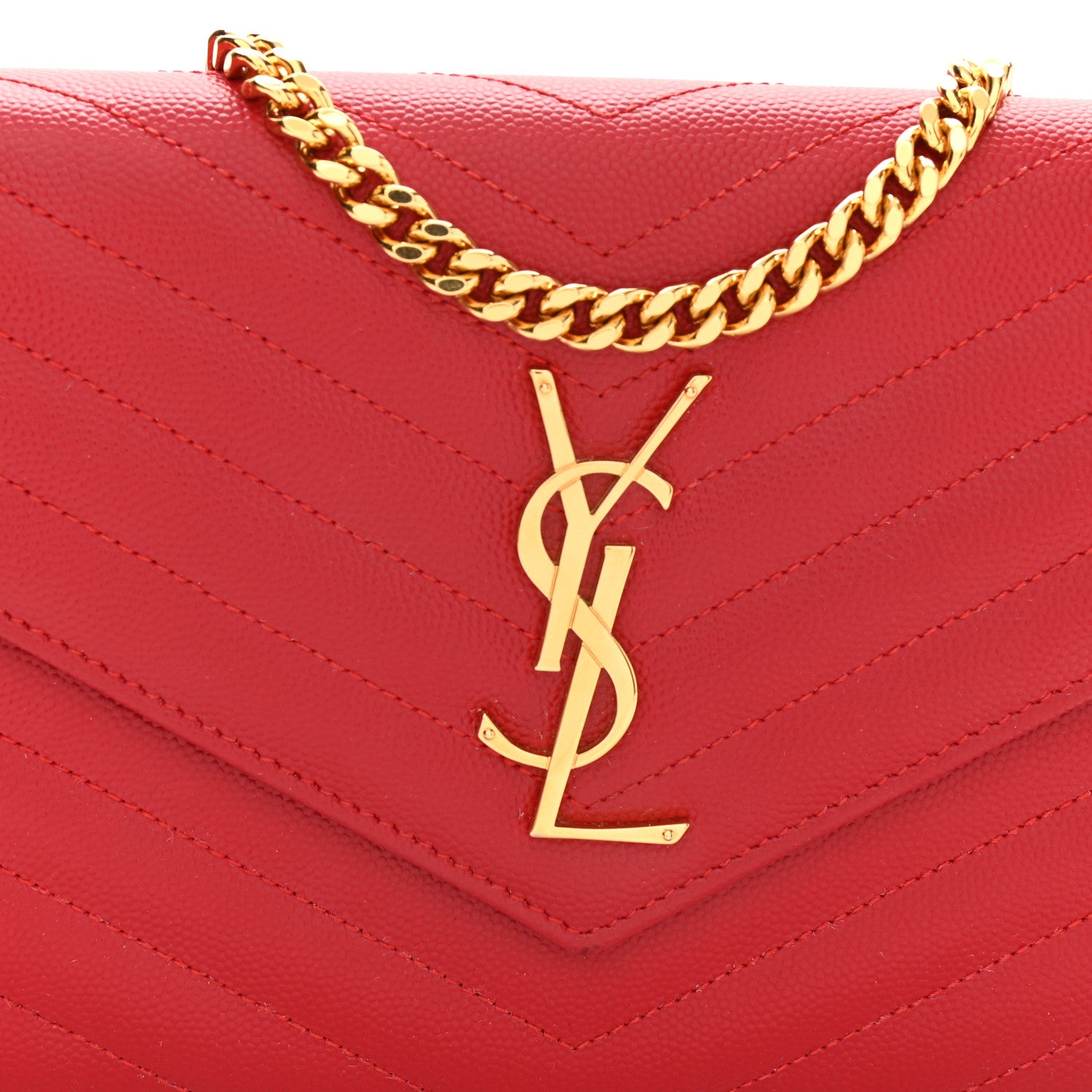 Saint Laurent Grain De Poudre Matelasse Chevron Monogram Chain Wallet New Red 8 of 10