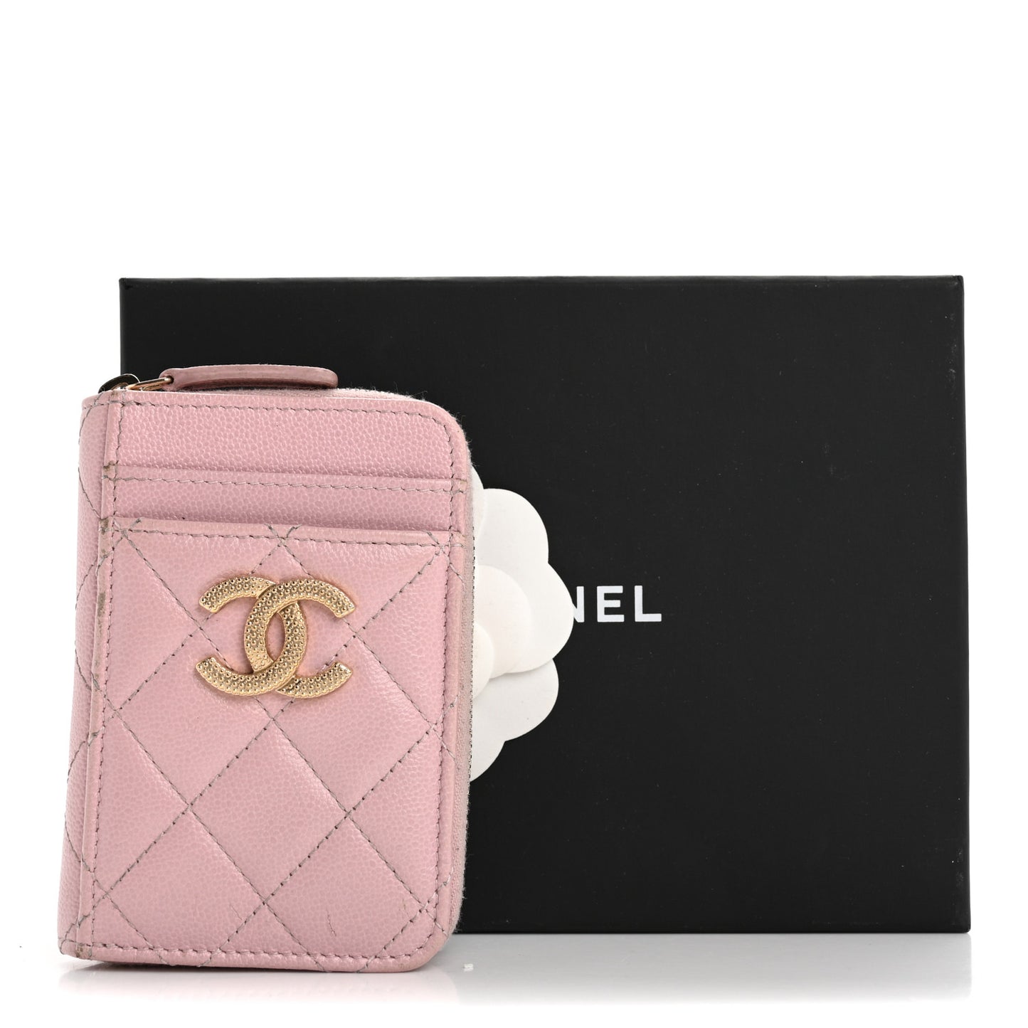 Caviar Quilted Studded CC Zip Card Holder Pink