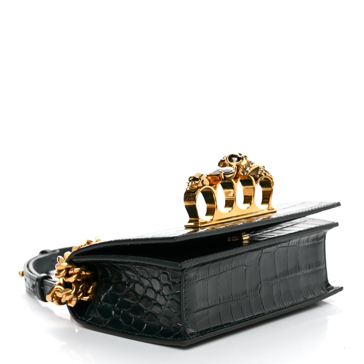 Calfskin Crocodile Embossed Knuckle Shoulder Bag Emerald