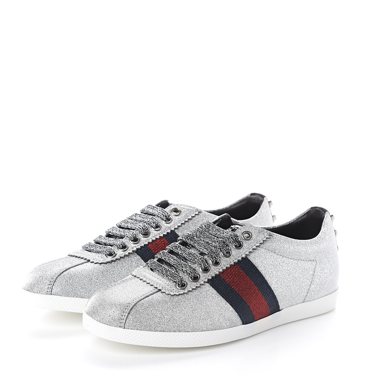 Gucci Glitter Fabric Studded Web Sneakers 35.5 Silver 3 of 7