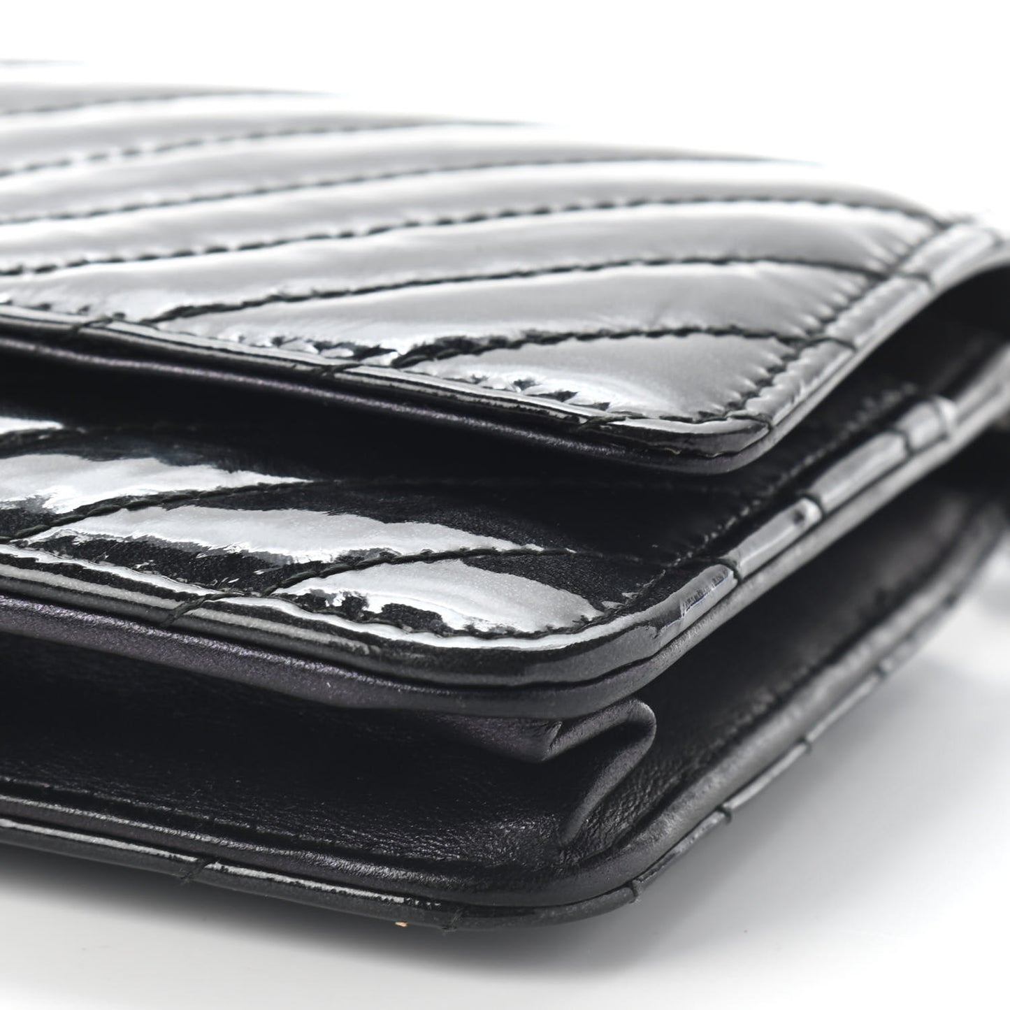 Patent Metallic Crumpled Calfskin Chevron Quilted Wallet On Chain WOC Black