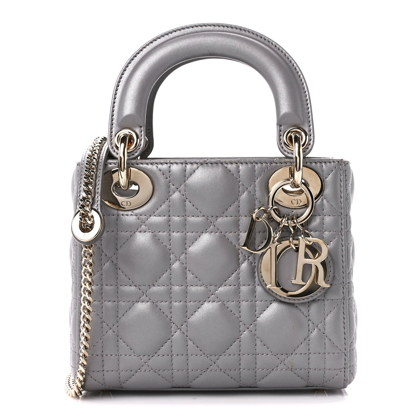 Metallic Lambskin Cannage Mini Lady Dior Grey