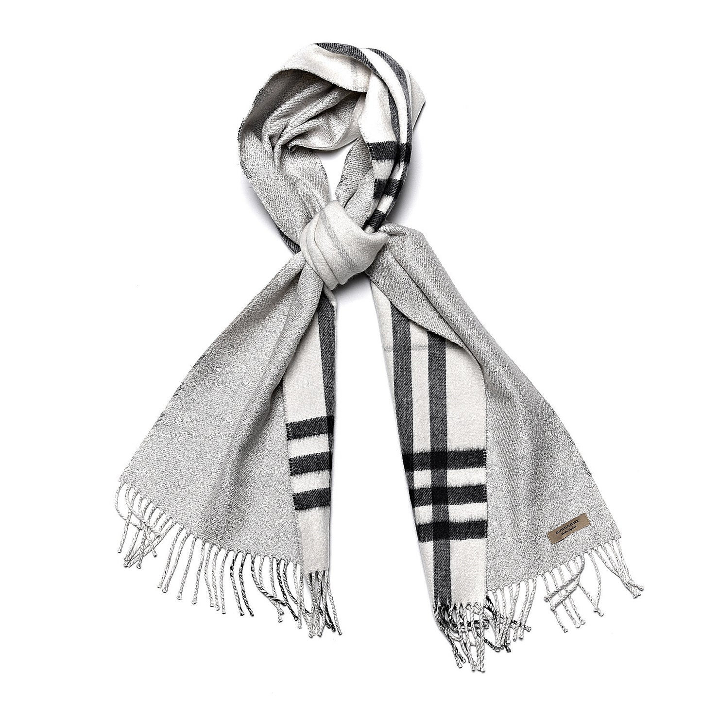 Cashmere Half Mega Check Reversible Fringe Scarf Natural White Silver