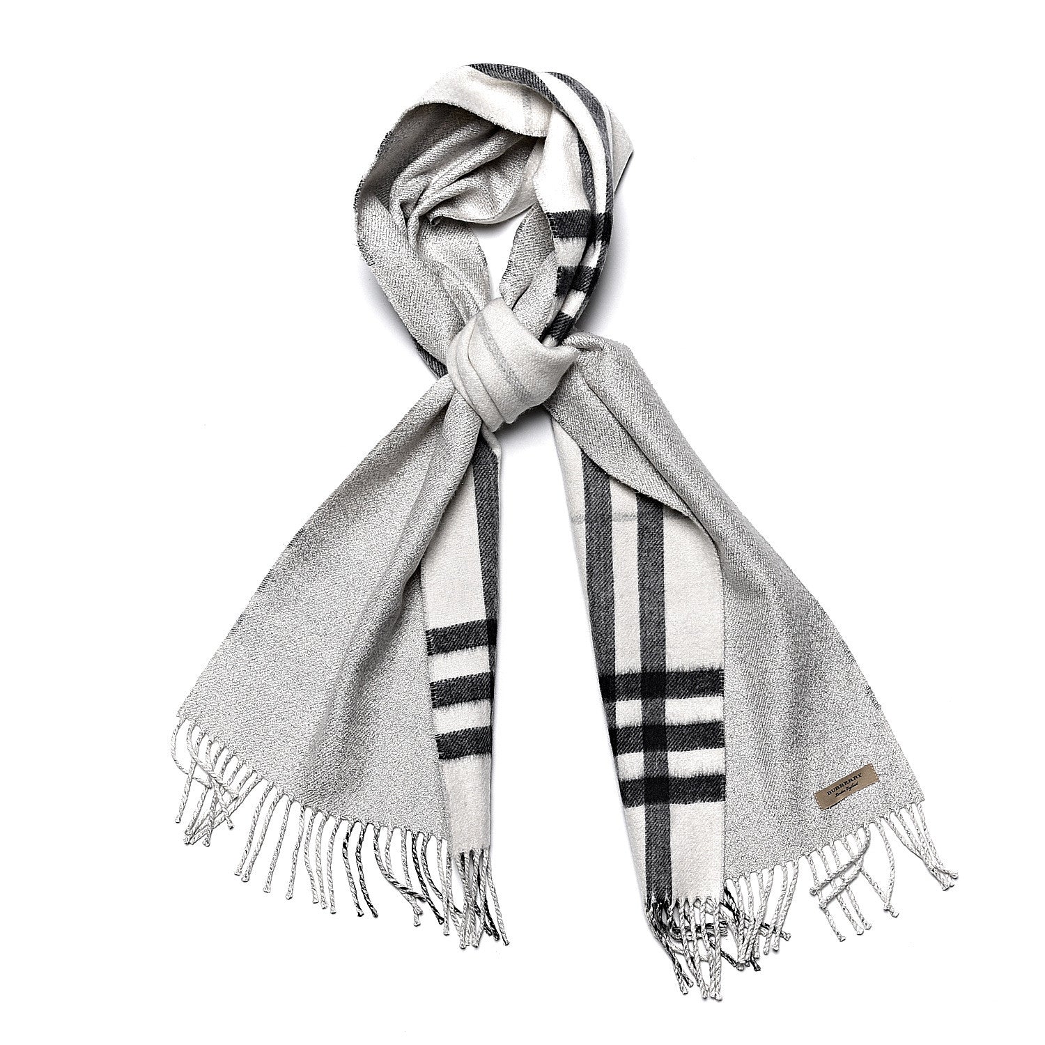 Burberry Cashmere Half Mega Check Reversible Fringe Scarf Natural White Silver 1 of 4