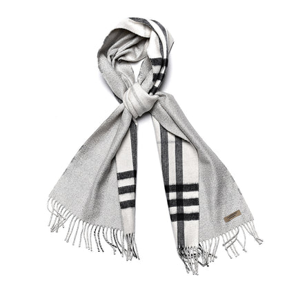 Burberry Cashmere Half Mega Check Reversible Fringe Scarf Natural White Silver 1 of 4