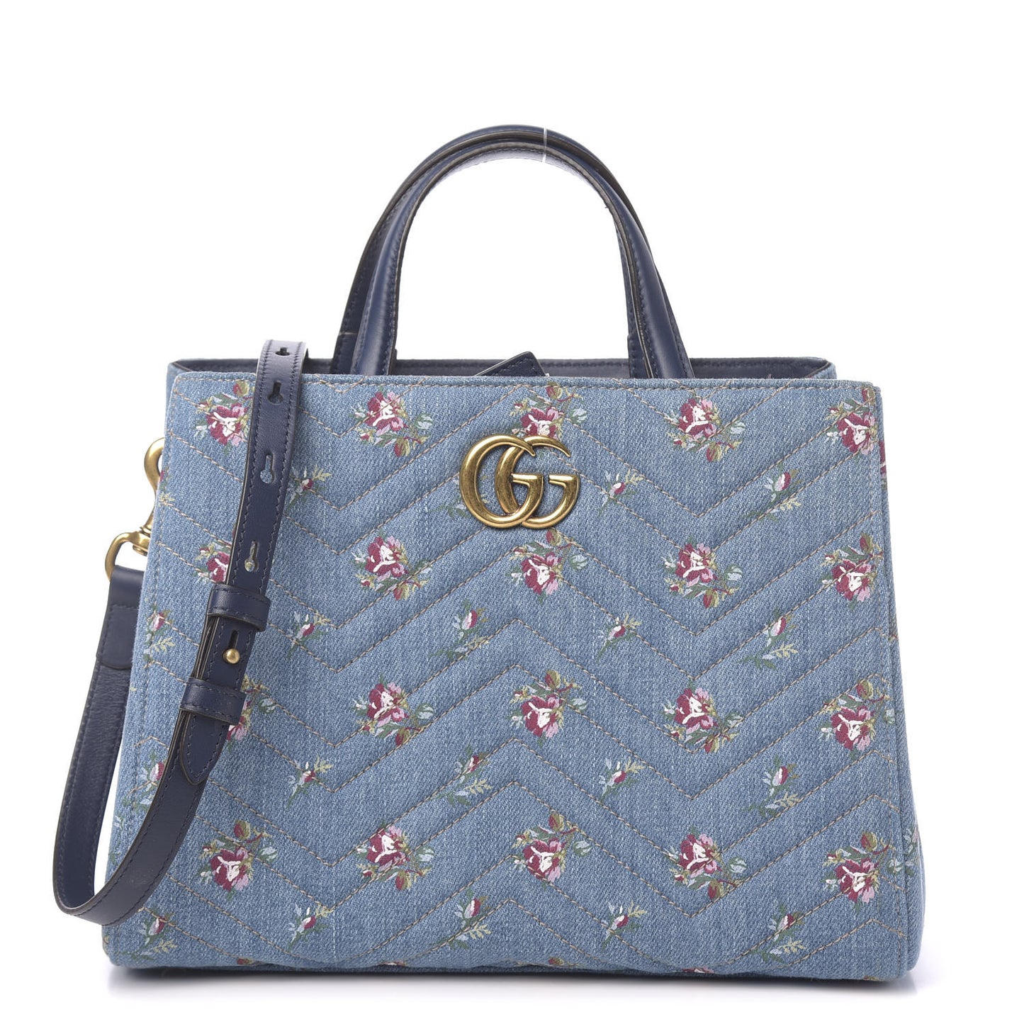 Denim Matelasse Flora Small GG Marmont Tote Blue