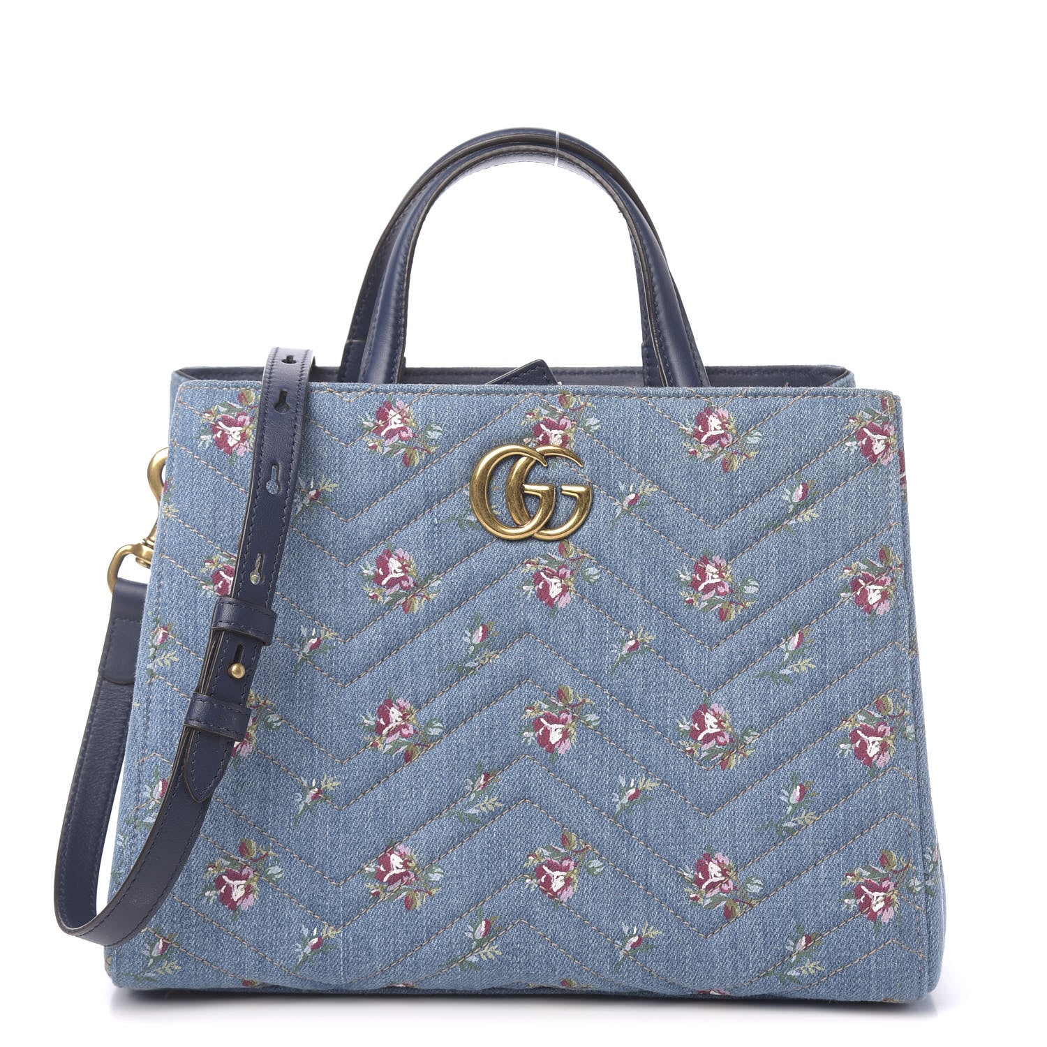 Gucci Denim Matelasse Flora Small GG Marmont Tote Blue 1 of 10