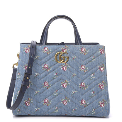 Gucci Denim Matelasse Flora Small GG Marmont Tote Blue 1 of 10