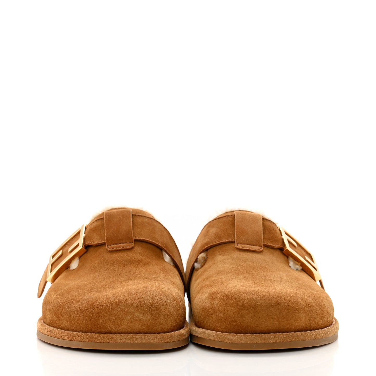 Suede Shearling Fendi Feel Buckled Clogs 36 Caramel Latte