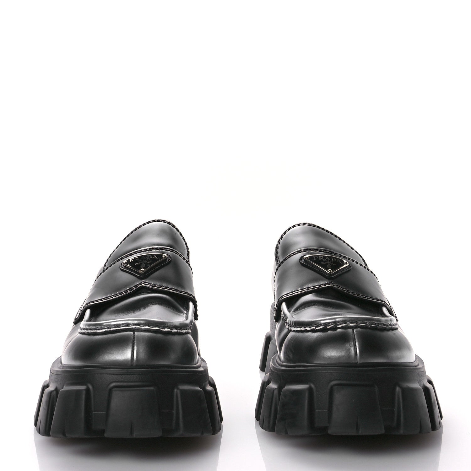 Prada Spazzolato Rois Metal Triangle Logo Mens Monolith 60mm Loafers 11 Black Argento 3 of 9