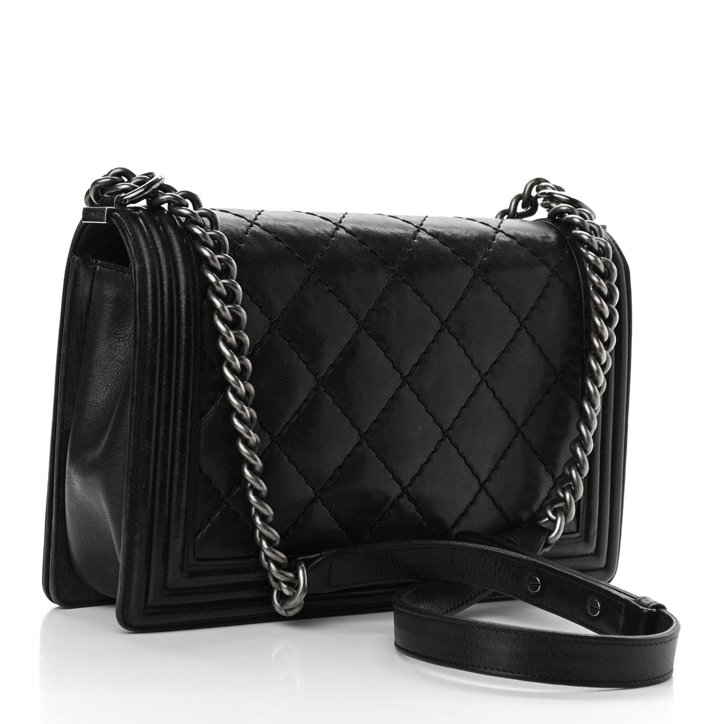 Calfskin Quilted Double Stitch New Medium Boy Flap Black