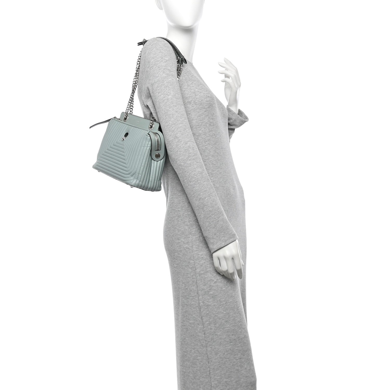 Fendi Shiny Nappa Trapuntata Small DotCom Click Top Handle Chain Satchel Light Blue 2 of 11