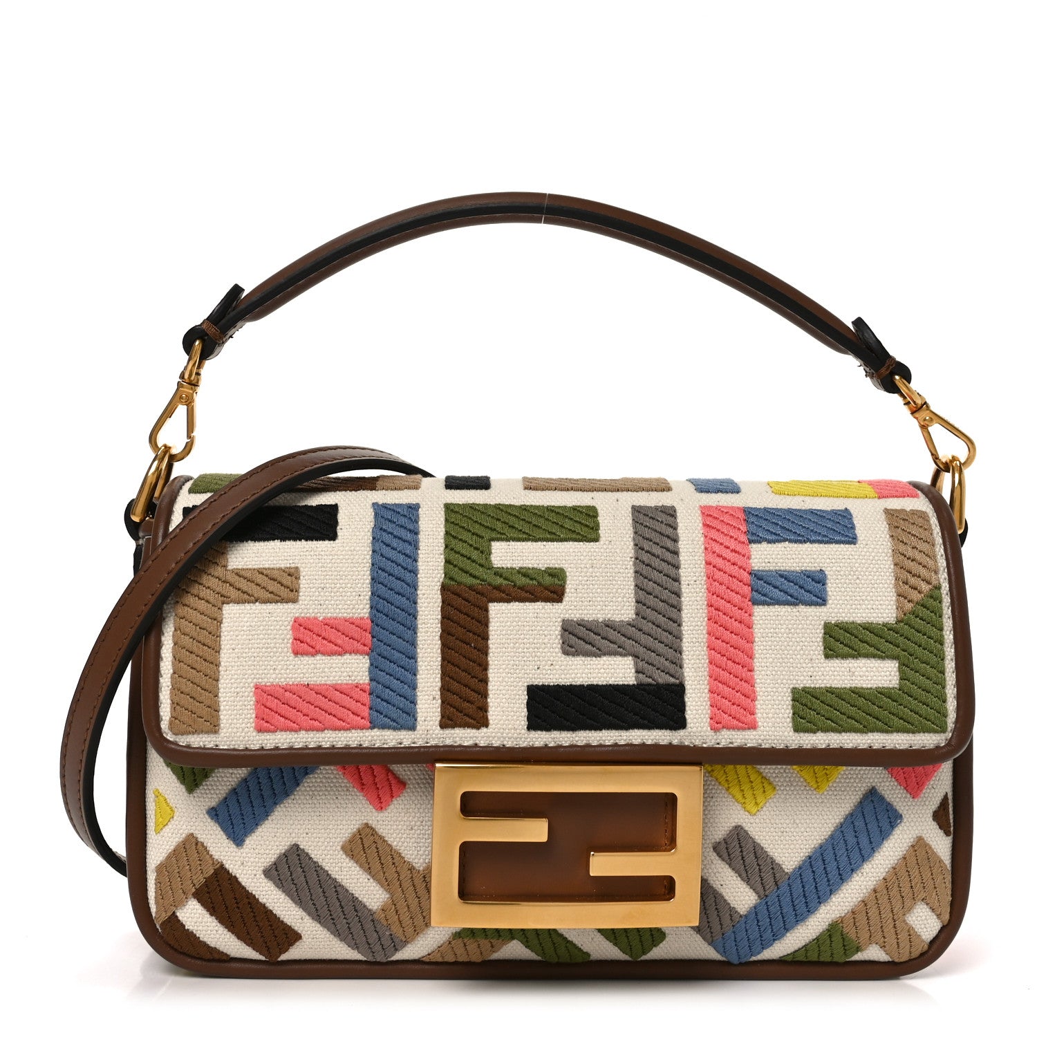 Fendi Canvas Vitello King Seta FF Embroidered Mini Baguette Grezzo Multicolor Gianduia 1 of 10