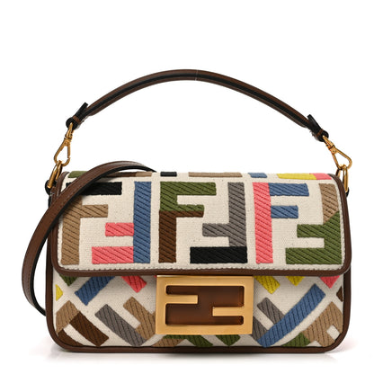 Fendi Canvas Vitello King Seta FF Embroidered Mini Baguette Grezzo Multicolor Gianduia 1 of 10