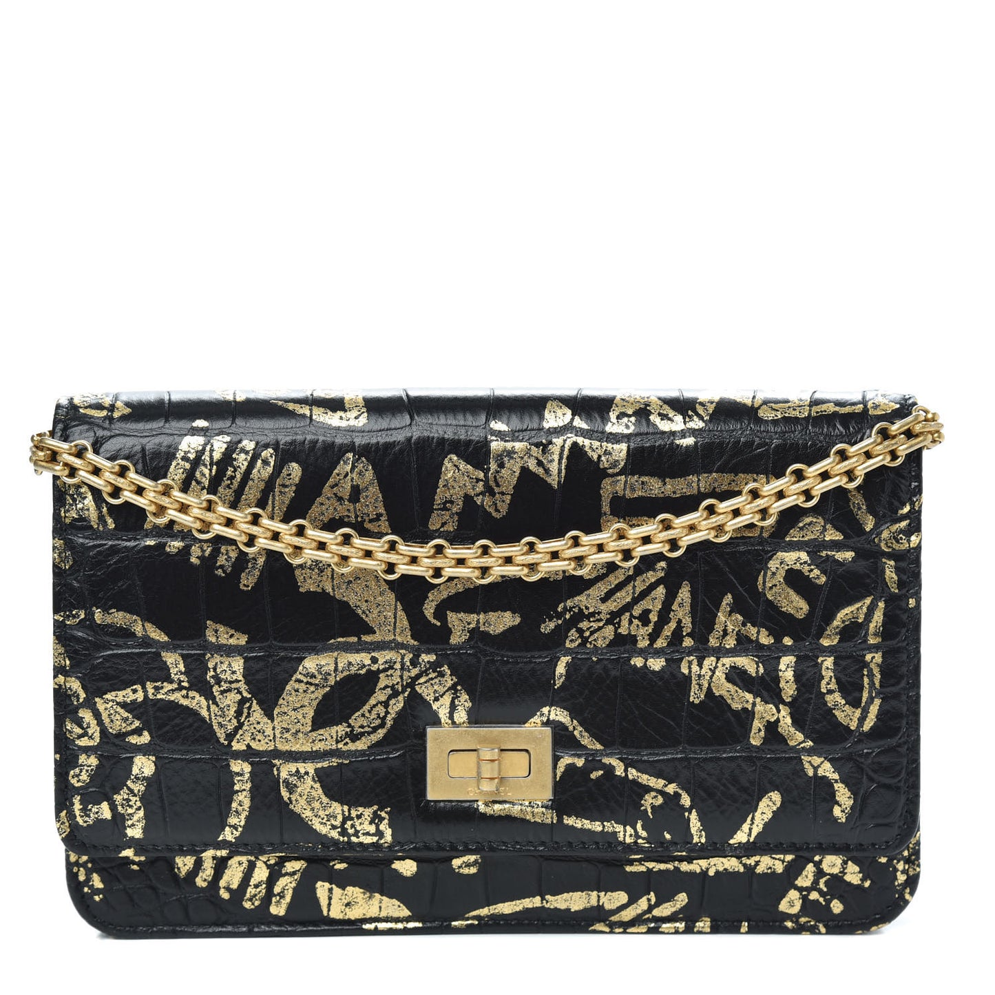 Calfskin Crocodile Embossed Graffiti 2.55 Cocodile Reissue Wallet On Chain WOC Black Gold