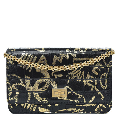 Chanel Calfskin Crocodile Embossed Graffiti 2.55 Cocodile Reissue Wallet On Chain WOC Black Gold 1 of 12