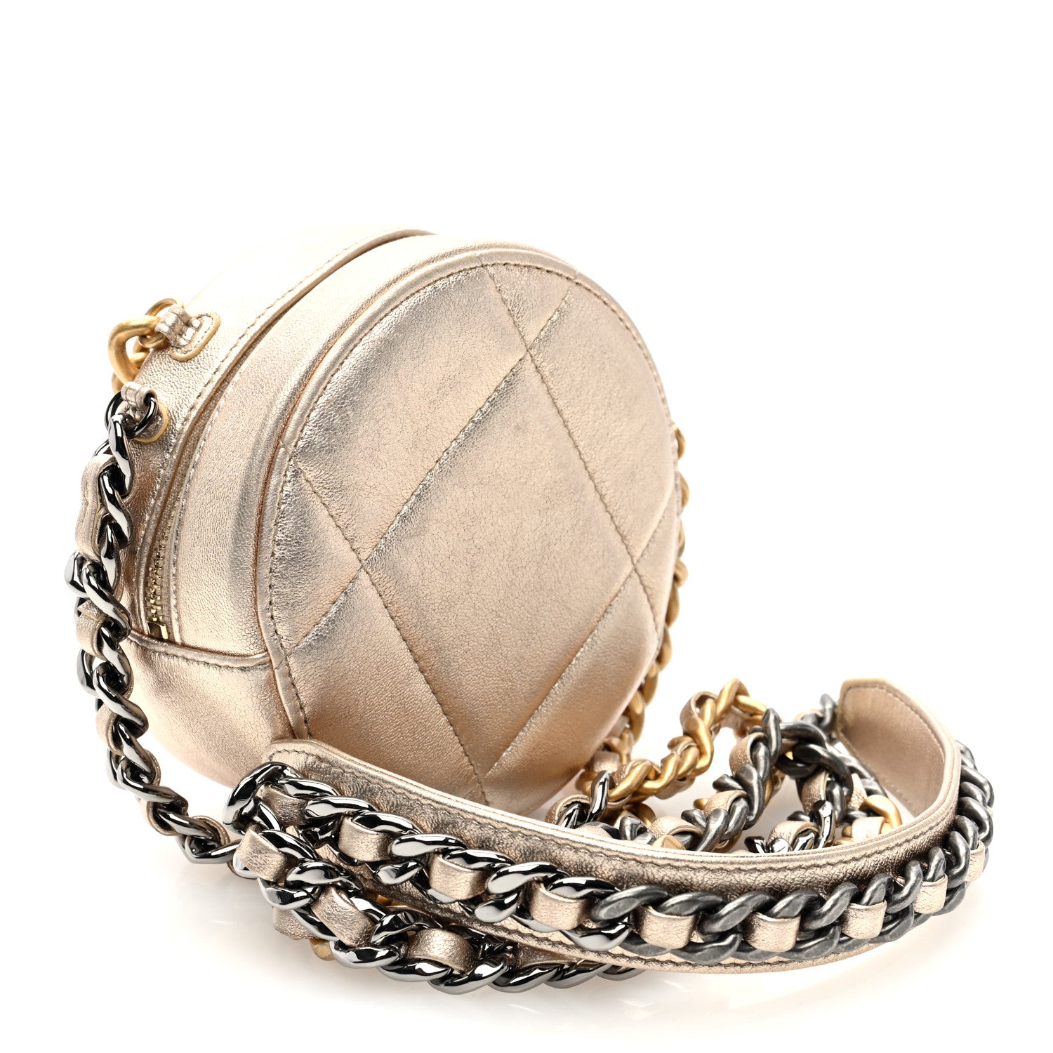 Chanel Metallic Lambskin Quilted Chanel 19 Round Clutch With Chain Gold 3 of 11