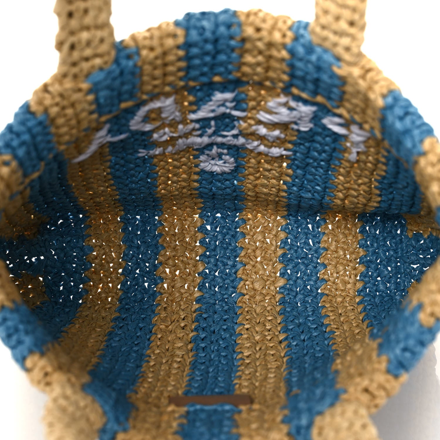 Prada Yarn Raffia Effect Crochet Striped Small Logo Tote Naturale Celeste 4 of 7